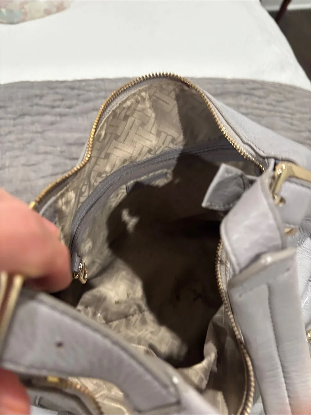 Cole Haan Light Gray Pebbled Leather Shoulder Hobo with Buckle Front Pockets